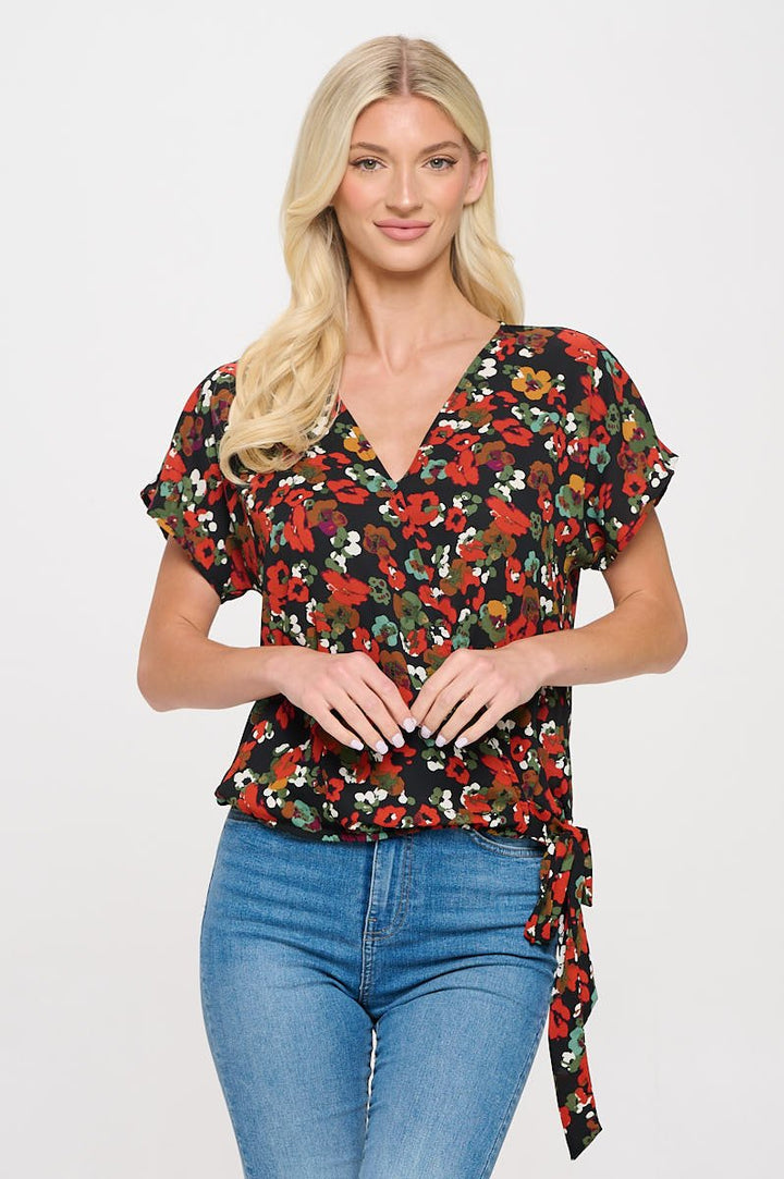 Image of West K Dallas Side - Tie Short Dolman Sleeve Faux Wrap Top Red Daisy