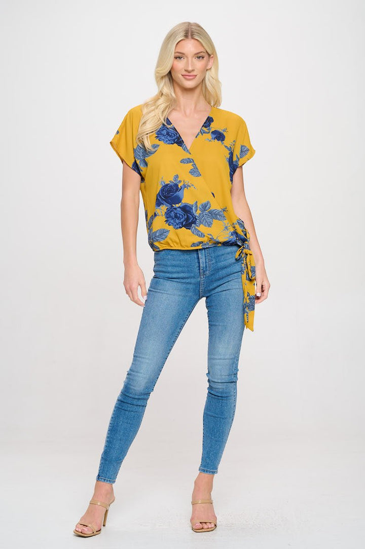 Image of West K Dallas Side - Tie Short Dolman Sleeve Faux Wrap Top Yellow Blue Floral