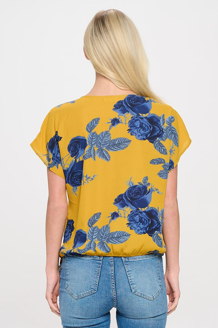 Image of West K Dallas Side - Tie Short Dolman Sleeve Faux Wrap Top Yellow Blue Floral