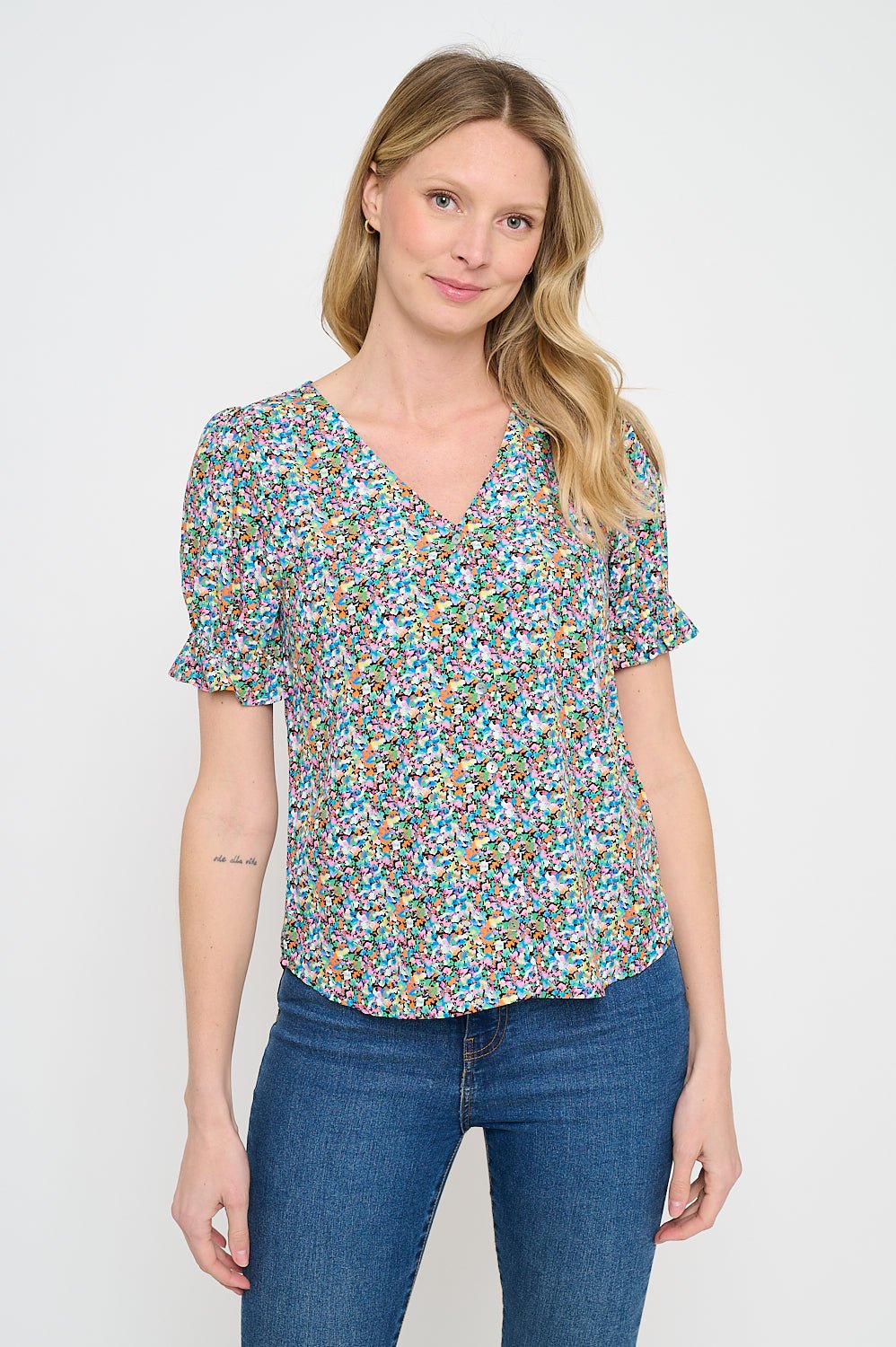 Image of West K Danielle Vneck Button Down Blouse Geo Multi