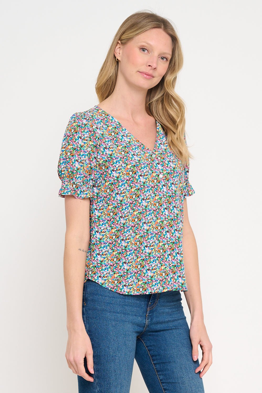 Image of West K Danielle Vneck Button Down Blouse Geo Multi