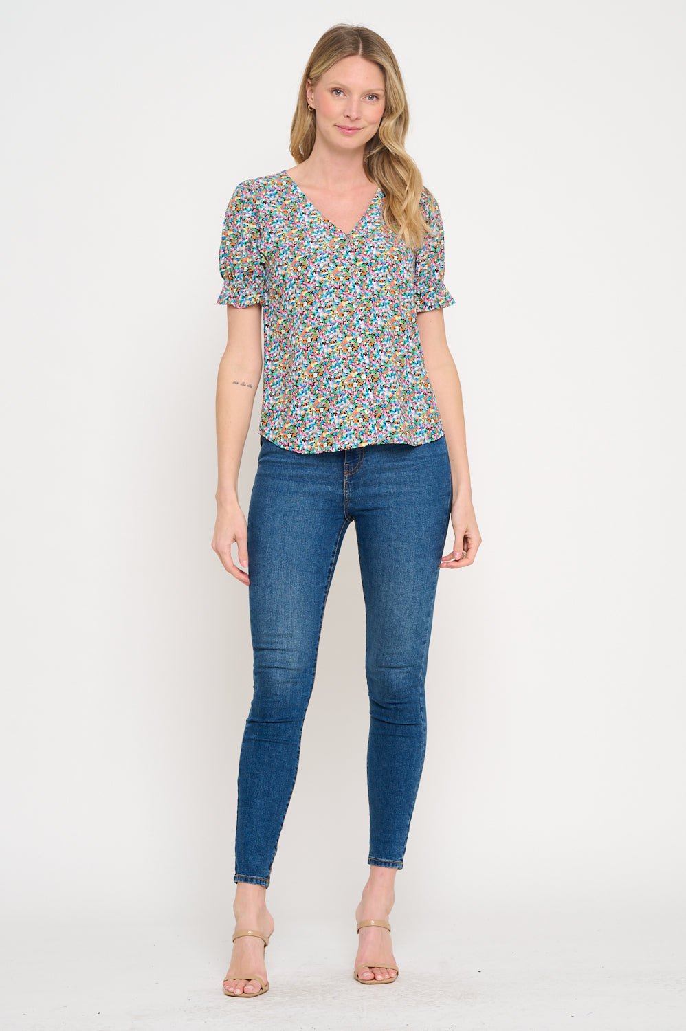 Image of West K Danielle Vneck Button Down Blouse Geo Multi