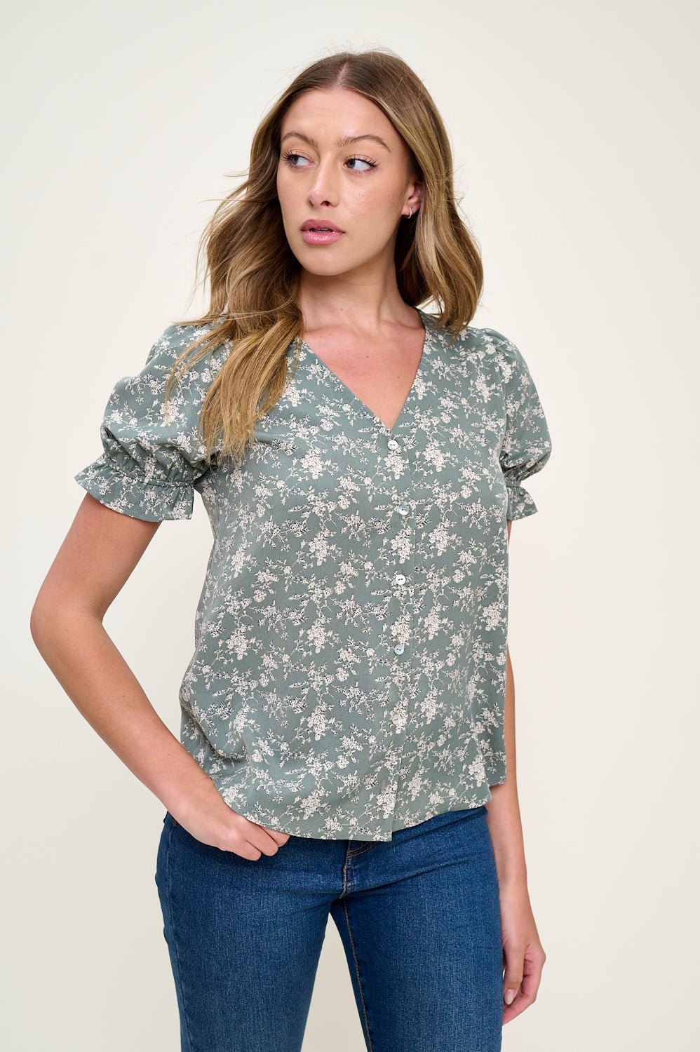 Image of West K Danielle Vneck Button Down Blouse Sage White Floral