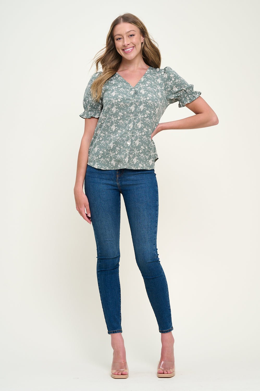 Image of West K Danielle Vneck Button Down Blouse Sage White Floral