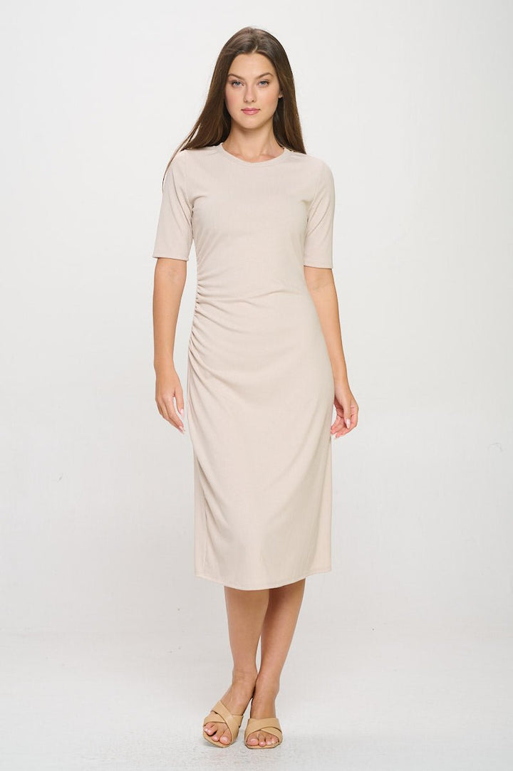 Image of West K Darcy Side - Ruched Crew Neck Knit Midi Dress Beige