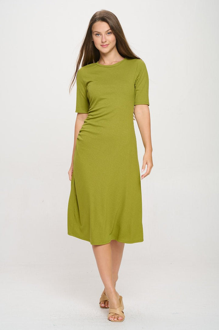 Image of West K Darcy Side - Ruched Crew Neck Knit Midi Dress Sage