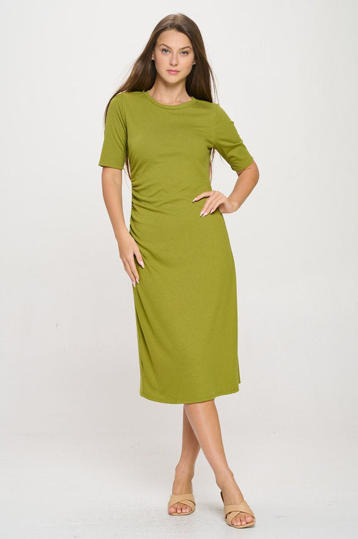 Image of West K Darcy Side - Ruched Crew Neck Knit Midi Dress Sage