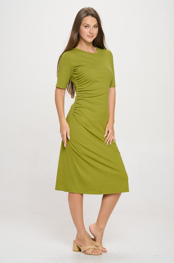 Image of West K Darcy Side - Ruched Crew Neck Knit Midi Dress Sage