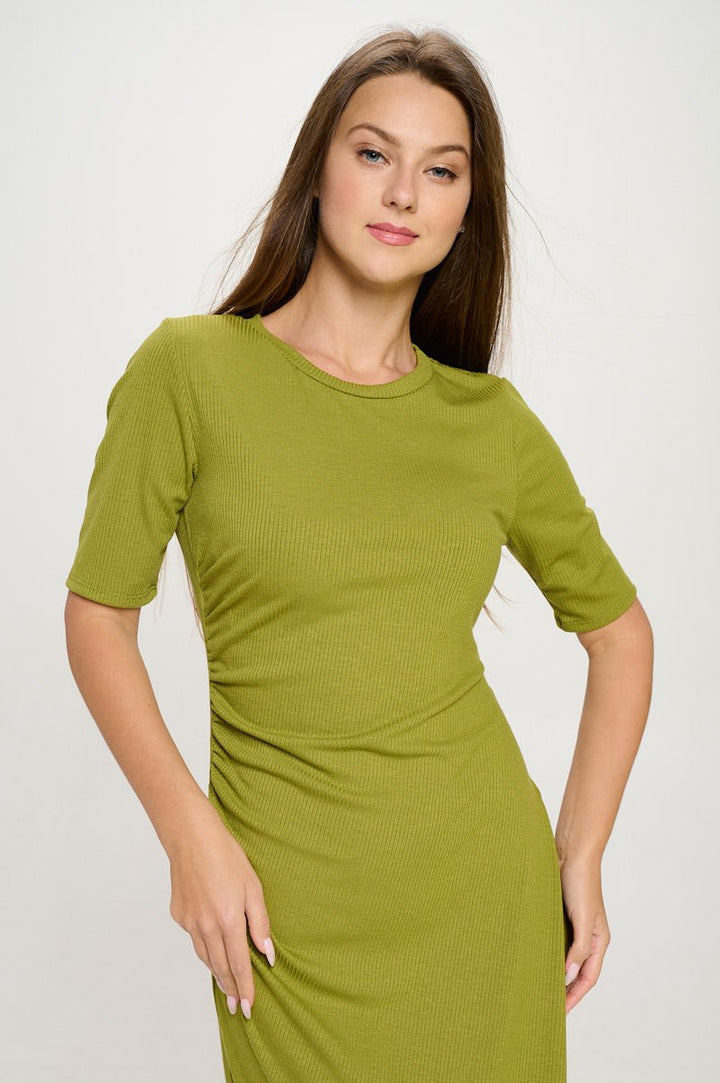 Image of West K Darcy Side - Ruched Crew Neck Knit Midi Dress Sage