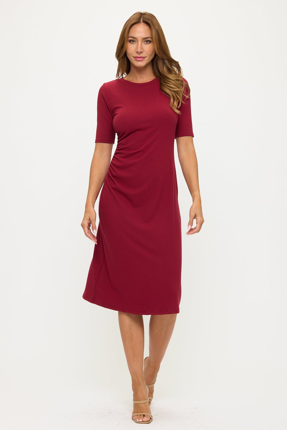 Image of West K Darcy Side Ruched Midi Dress Wine