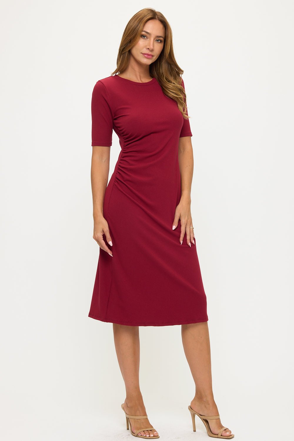 Image of West K Darcy Side Ruched Midi Dress Wine