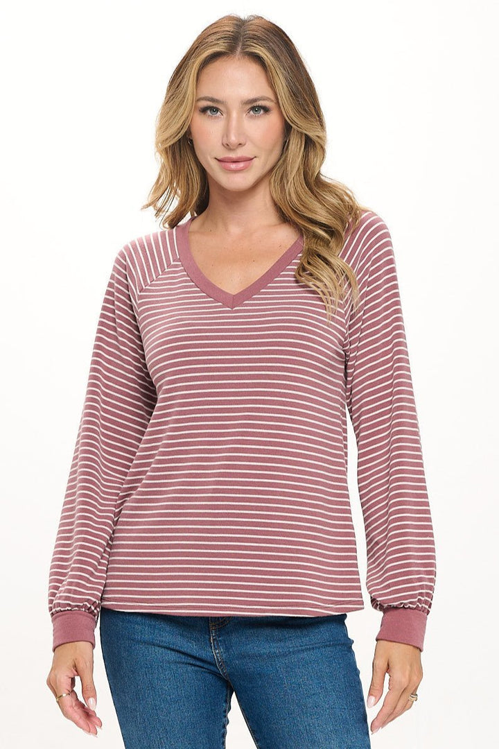 Image of West K Demi Raglan Long Sleeve V - neck Pullover Brick Stripe