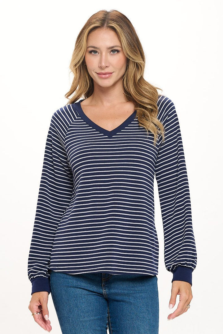 Image of West K Demi Raglan Long Sleeve V - neck Pullover Navy Stripe