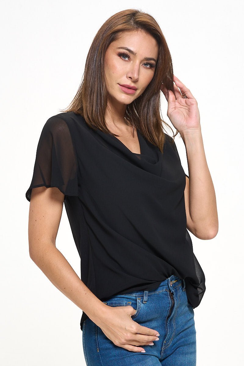 Image of West K Destiny Flutter Sleeve Cowl Neck Top Black