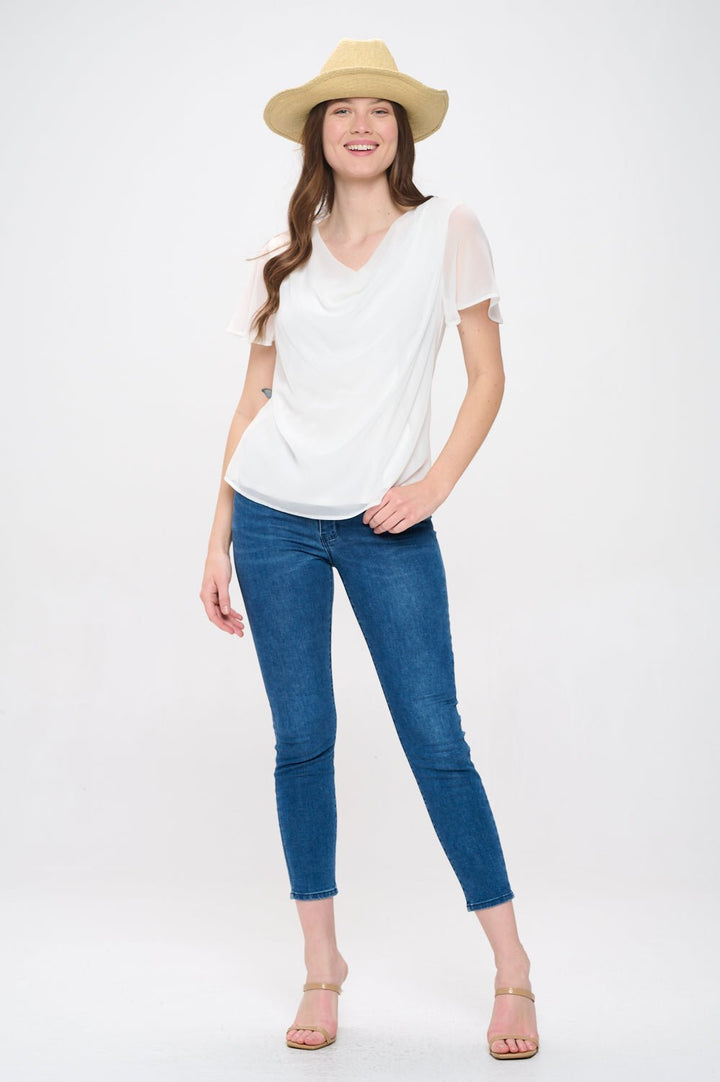 Image of West K Destiny Flutter Sleeve Cowl Neck Top Off White