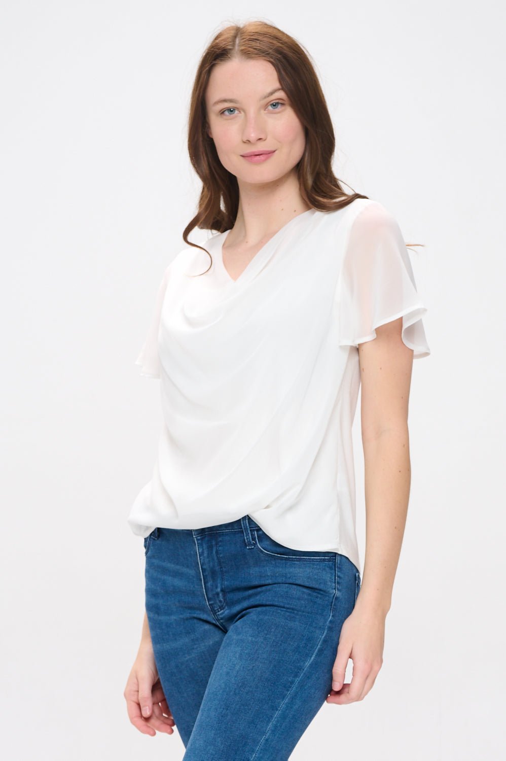 Image of West K Destiny Flutter Sleeve Cowl Neck Top Off White