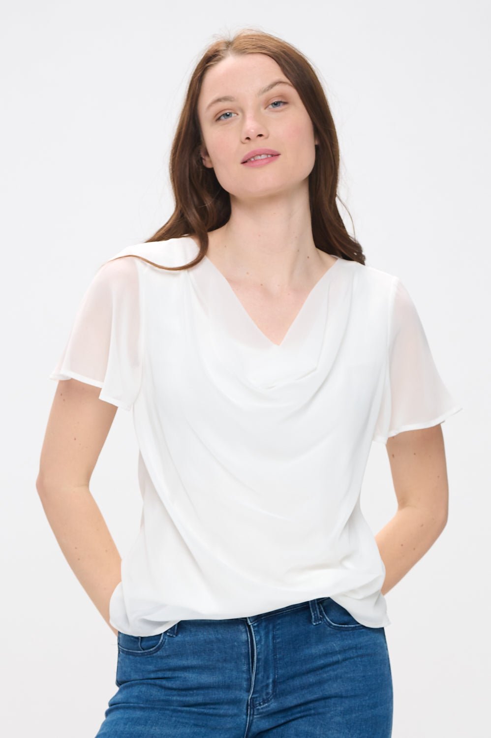 Image of West K Destiny Flutter Sleeve Cowl Neck Top Off White