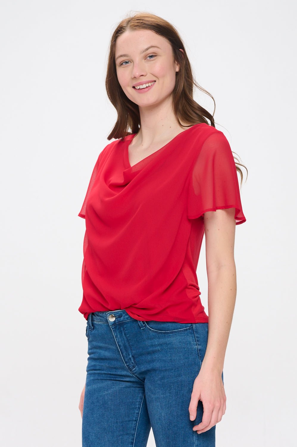 Image of West K Destiny Flutter Sleeve Cowl Neck Top Red