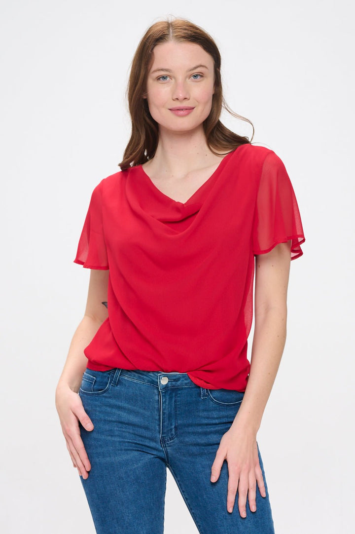 Image of West K Destiny Flutter Sleeve Cowl Neck Top Red