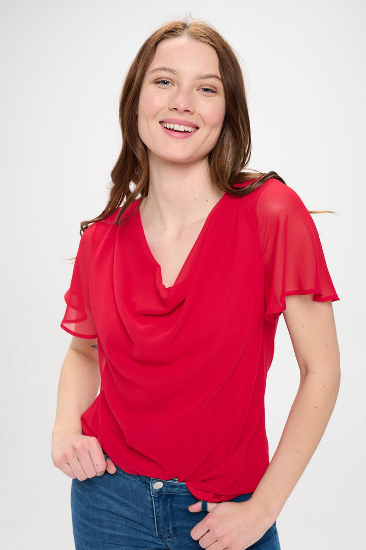 Image of West K Destiny Flutter Sleeve Cowl Neck Top Red