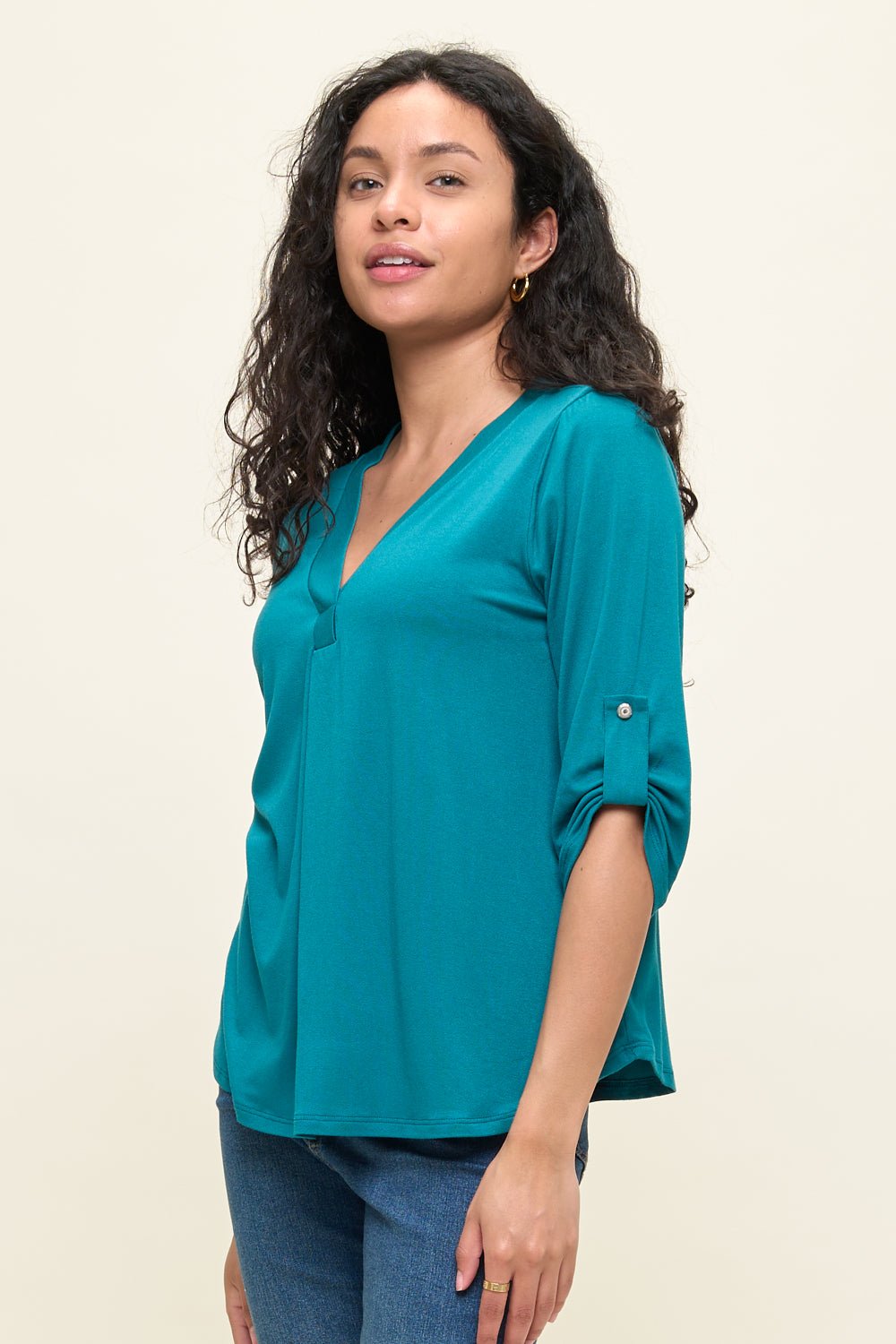 Image of West K Eira Roll - tab Sleeve V Neck Top Emerald Green