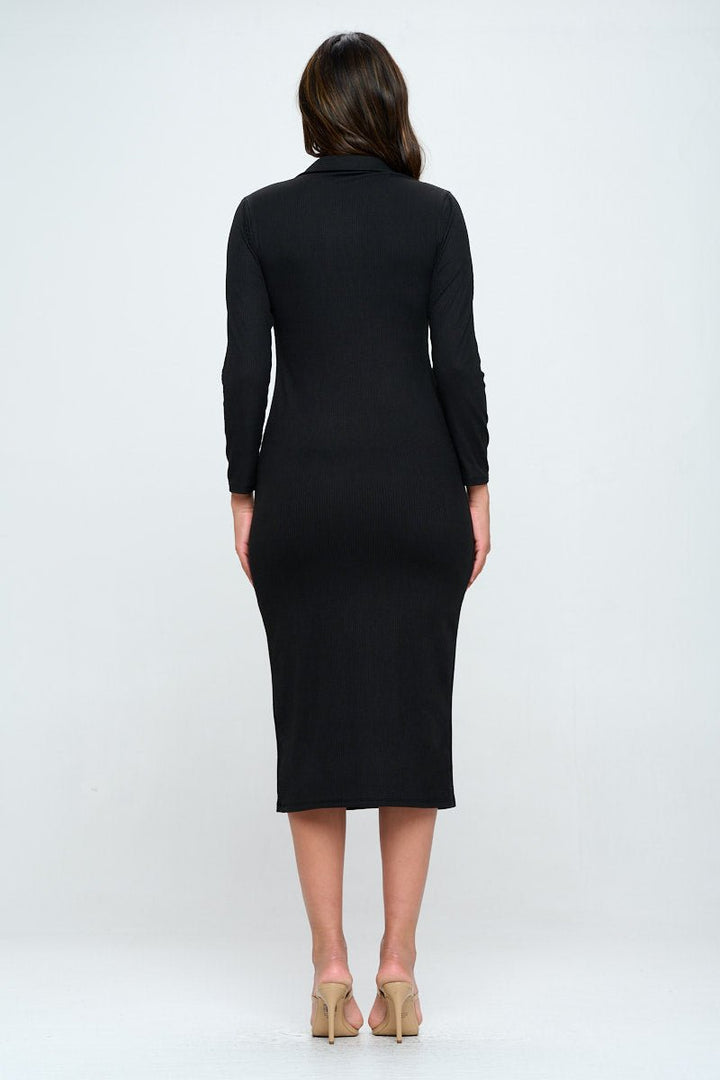 Image of West K Elena Ribbed Long Sleeve Collared Midi dress Black