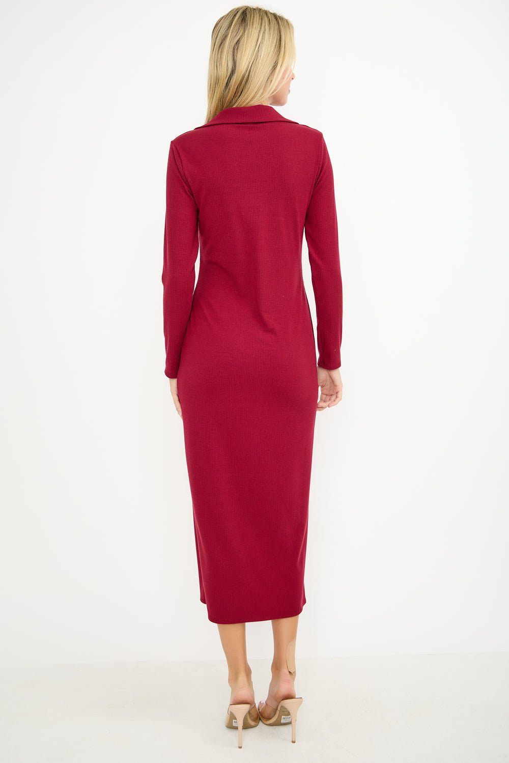 Image of West K Elena Ribbed Long Sleeve Collared Midi dress Wine