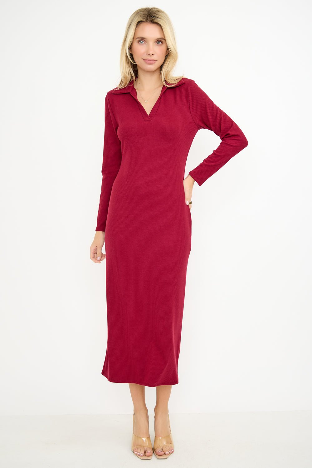 Image of West K Elena Ribbed Long Sleeve Collared Midi dress Wine