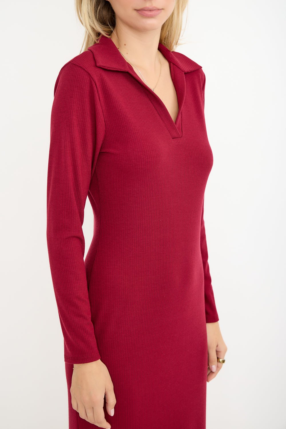 Image of West K Elena Ribbed Long Sleeve Collared Midi dress Wine