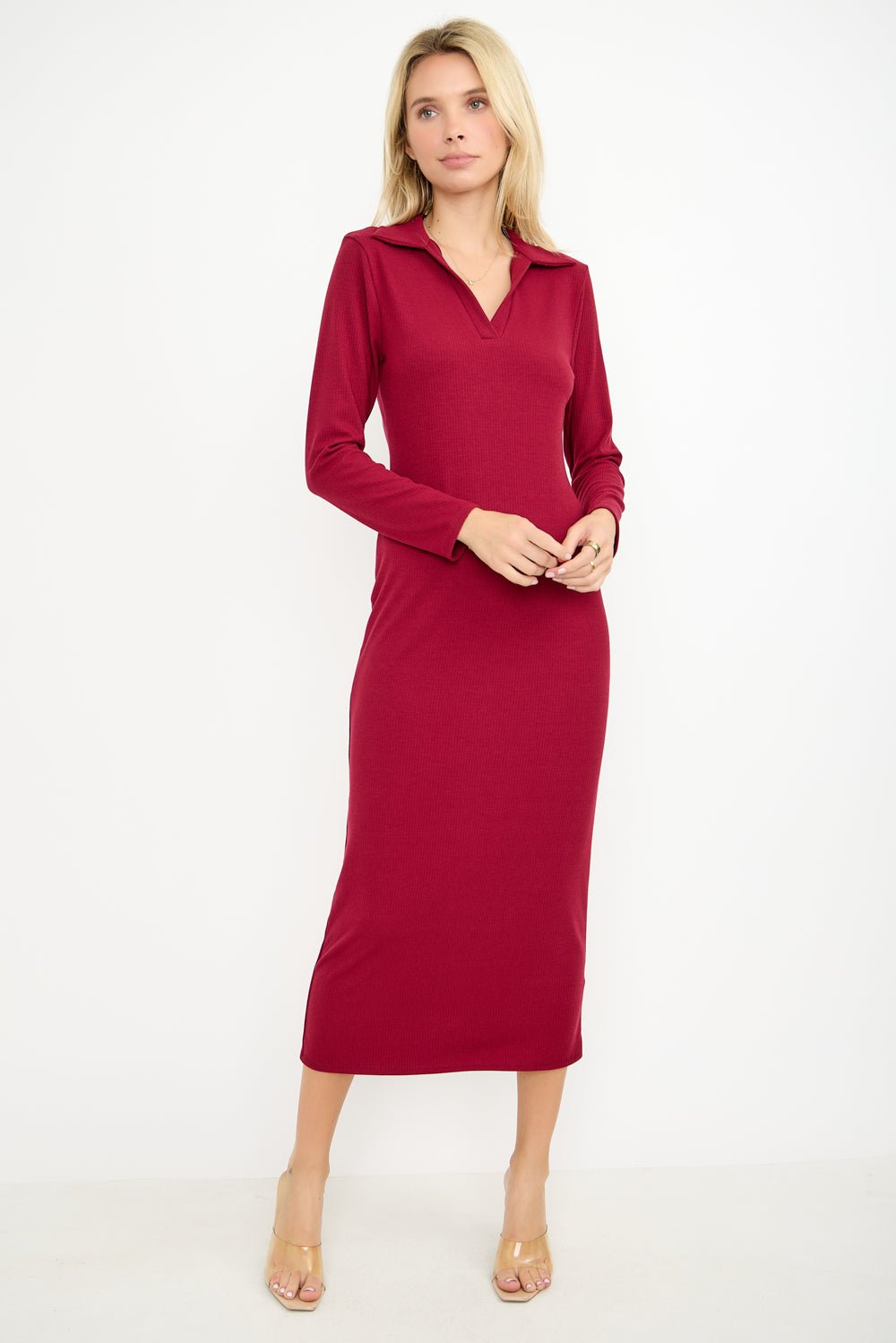 Image of West K Elena Ribbed Long Sleeve Collared Midi dress Wine