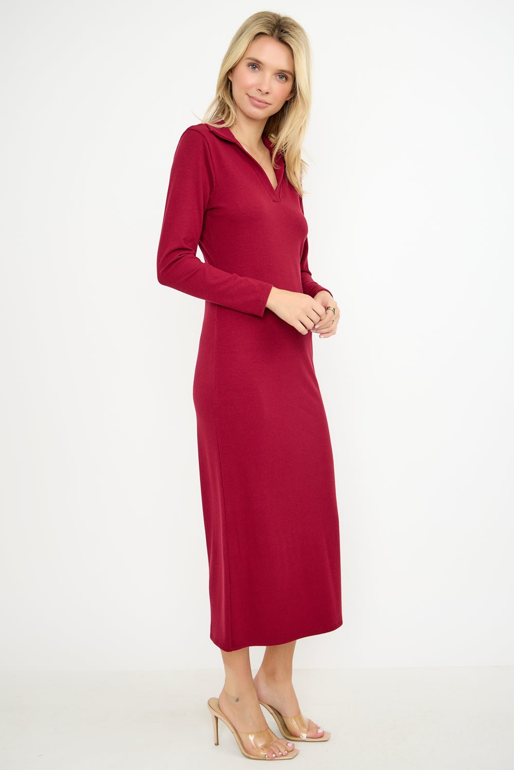 Image of West K Elena Ribbed Long Sleeve Collared Midi dress Wine