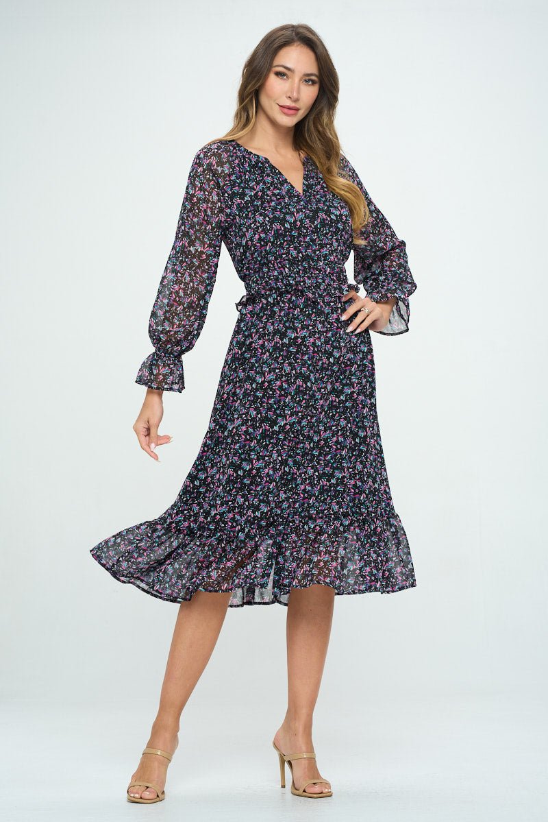 Image of West K Elisa Tiered Midi Dress Black Pink Multi