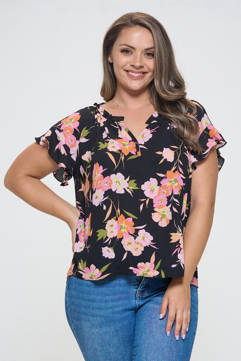 Image of West K Eliza Plus Size Ruffle Short Sleeve Blouse Black Pink Floral