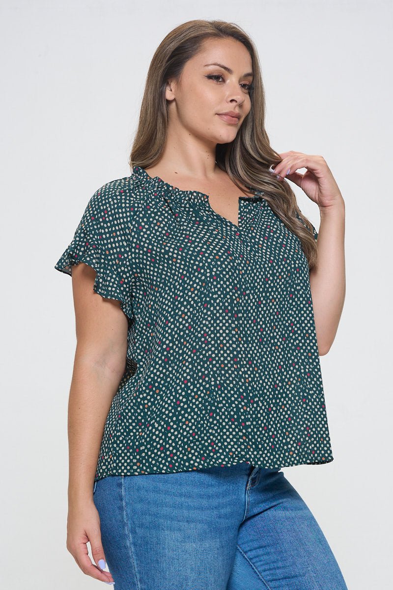 Image of West K Eliza Plus Size Ruffle Short Sleeve Blouse Green Red Dots