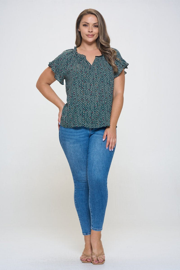 Image of West K Eliza Plus Size Ruffle Short Sleeve Blouse Green Red Dots