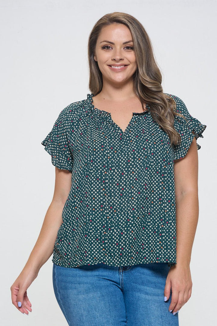 Image of West K Eliza Plus Size Ruffle Short Sleeve Blouse Green Red Dots