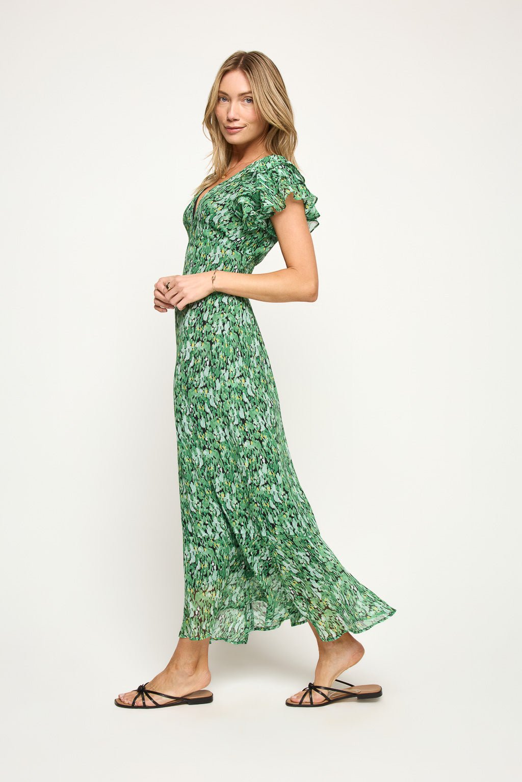 Image of West K Elizabeth Ruffle Sleeve Smocked - Back Maxi Green Abstract