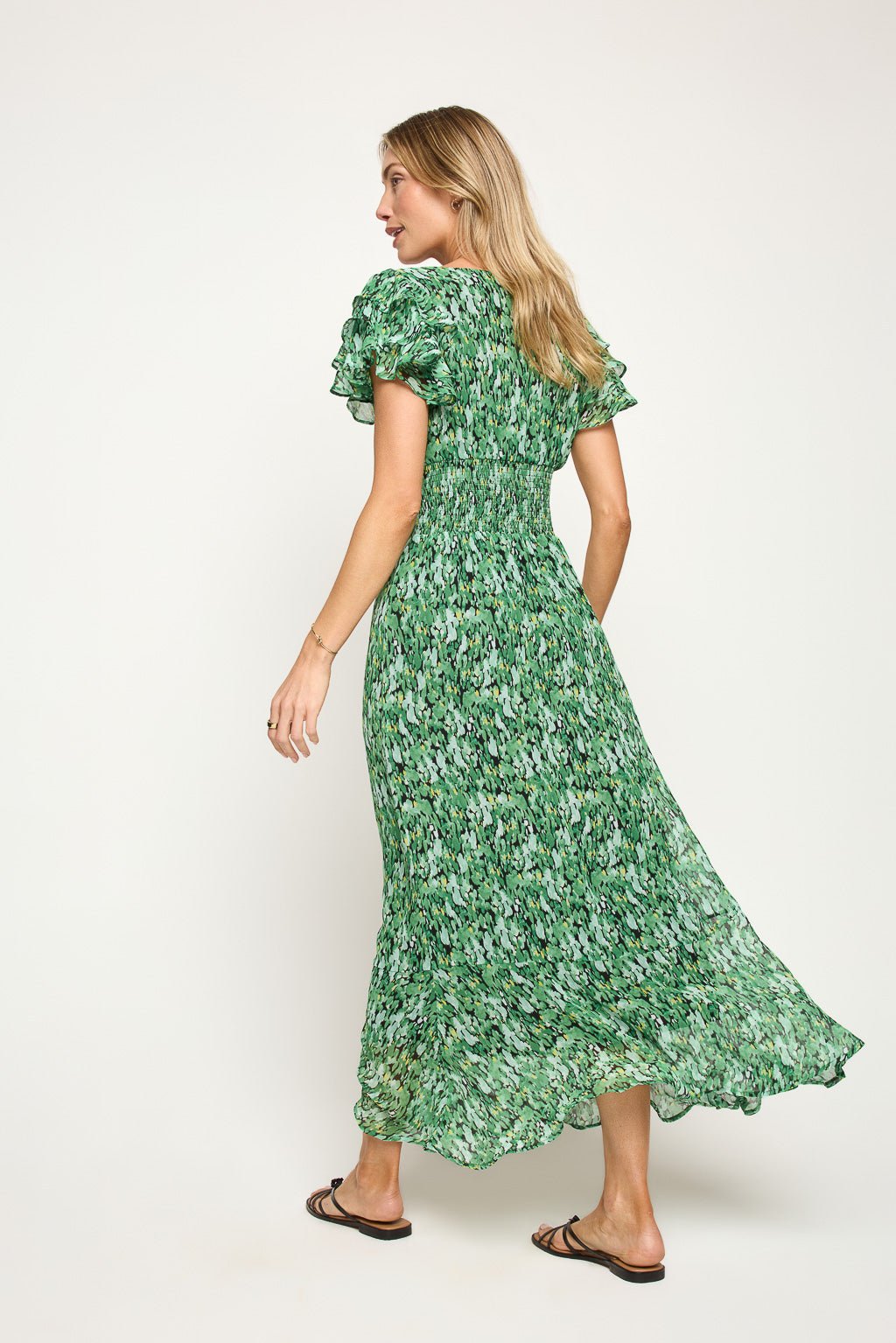 Image of West K Elizabeth Ruffle Sleeve Smocked - Back Maxi Green Abstract