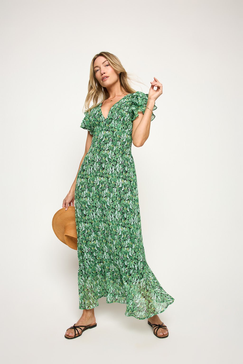 Image of West K Elizabeth Ruffle Sleeve Smocked - Back Maxi Green Abstract