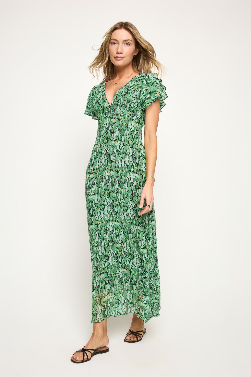 Image of West K Elizabeth Ruffle Sleeve Smocked - Back Maxi Green Abstract