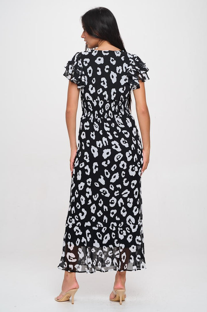 Image of West K Elizabeth Tiered Ruffle Sleeve Smocked - Back Maxi Black Leopard