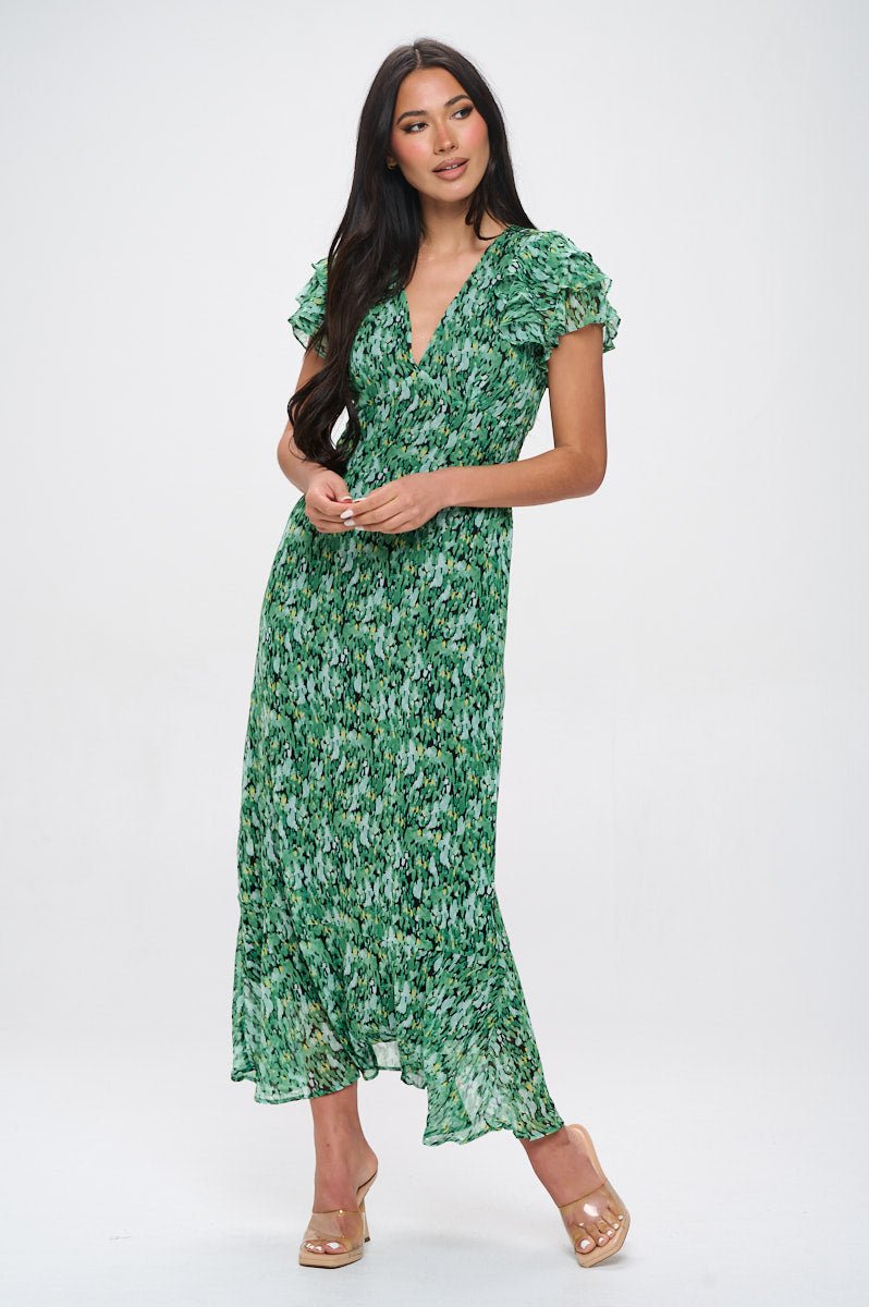 Image of West K Elizabeth Tiered Ruffle Sleeve Smocked - Back Maxi Green Abstract