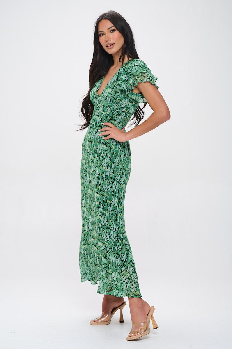 Image of West K Elizabeth Tiered Ruffle Sleeve Smocked - Back Maxi Green Abstract