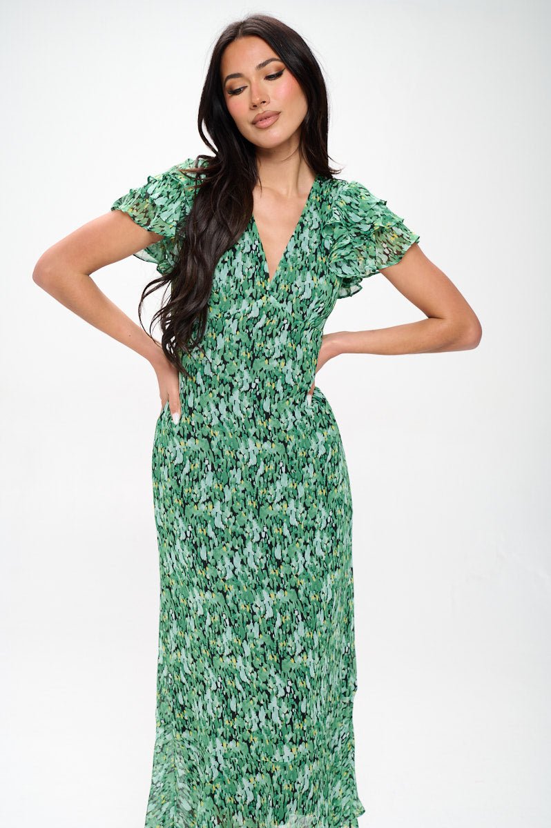 Image of West K Elizabeth Tiered Ruffle Sleeve Smocked - Back Maxi Green Abstract