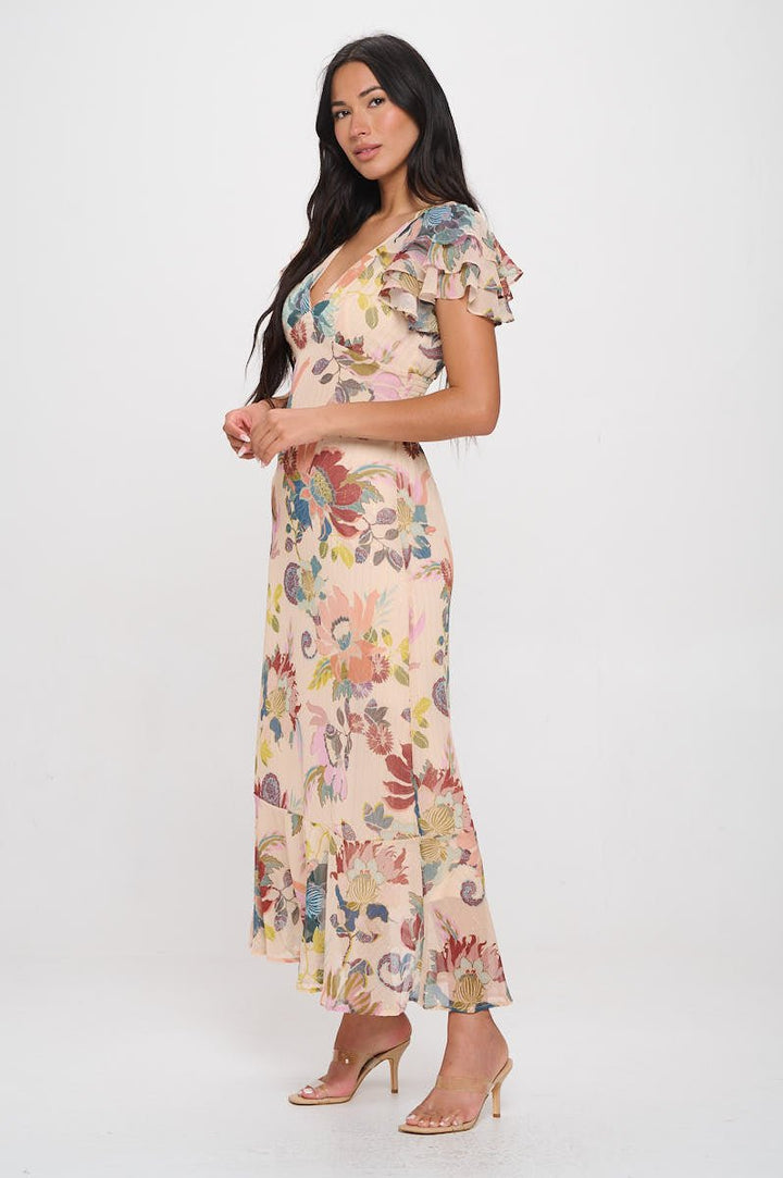 Image of West K Elizabeth Tiered Ruffle Sleeve Smocked - Back Maxi Mauve Floral