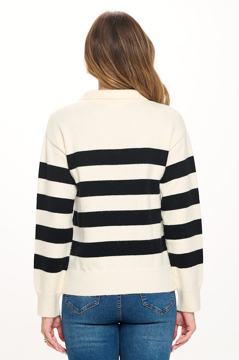 Image of West K Eloise Long Sleeve Collared Sweater Beige Black Stripe