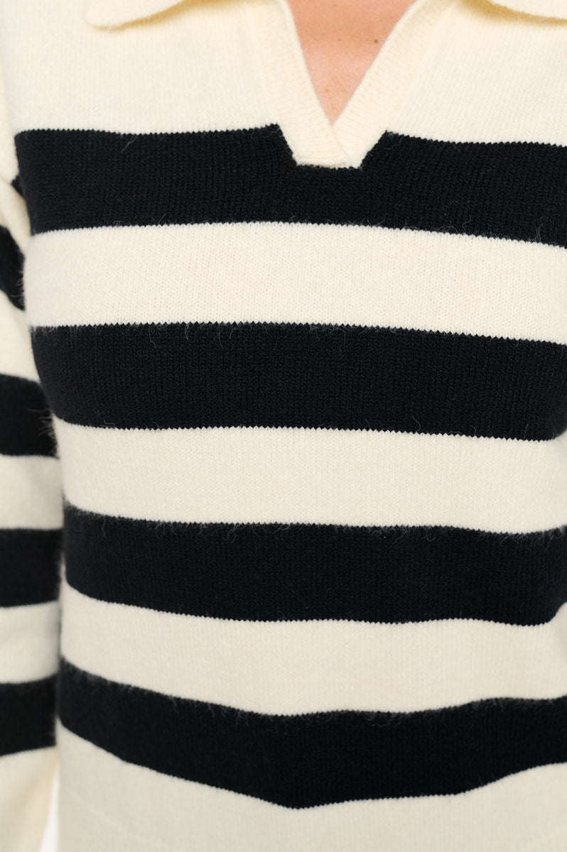 Image of West K Eloise Long Sleeve Collared Sweater Beige Black Stripe