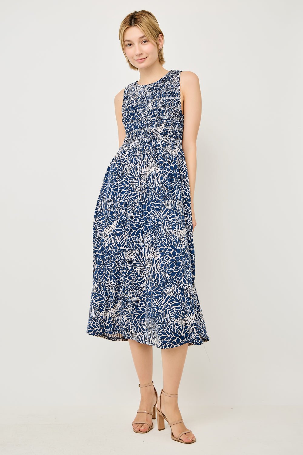 Image of West K Elowen Smocked Bodice Knit Midi Dress Blue Leaf