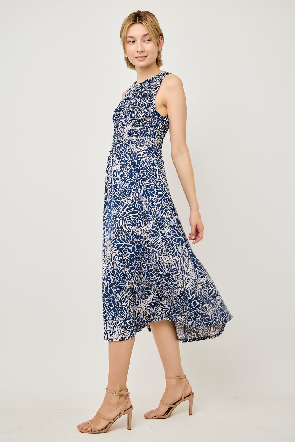 Image of West K Elowen Smocked Bodice Knit Midi Dress Blue Leaf