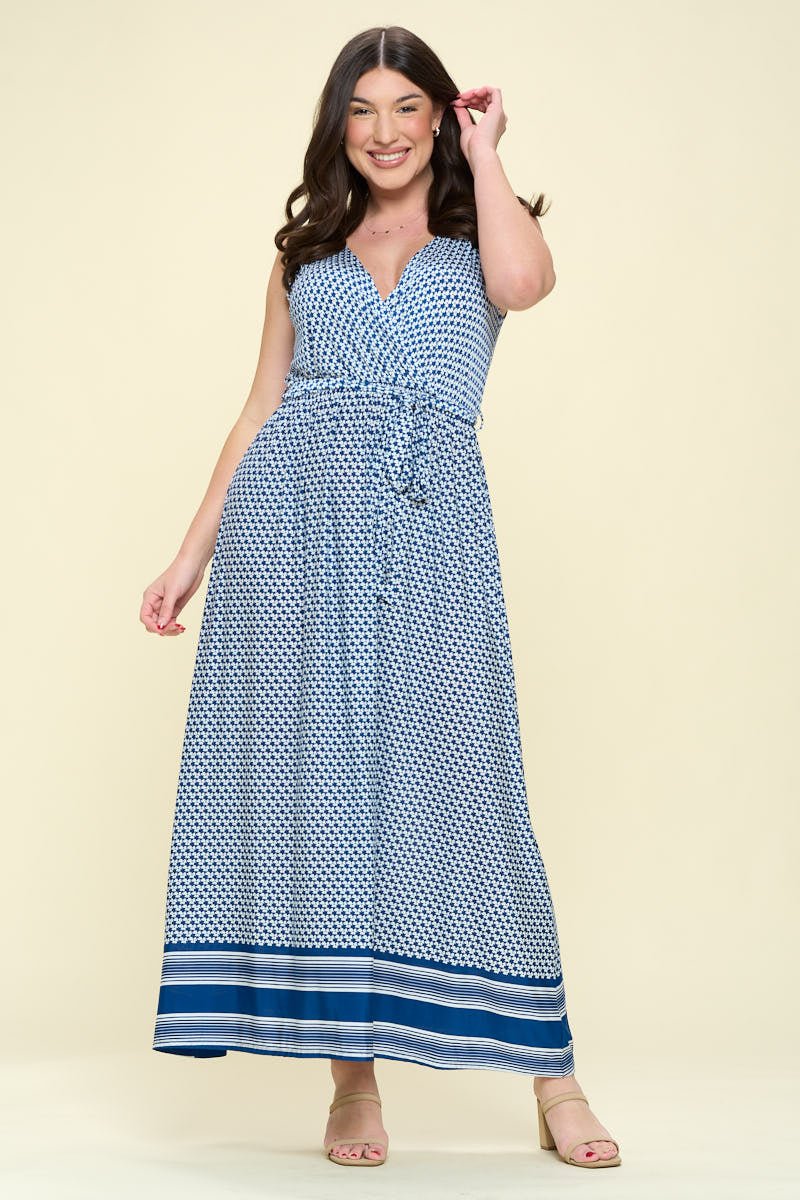 Image of West K Ember Plus Size Sleeveless Faux - Wrap Maxi Blue Daisy Border